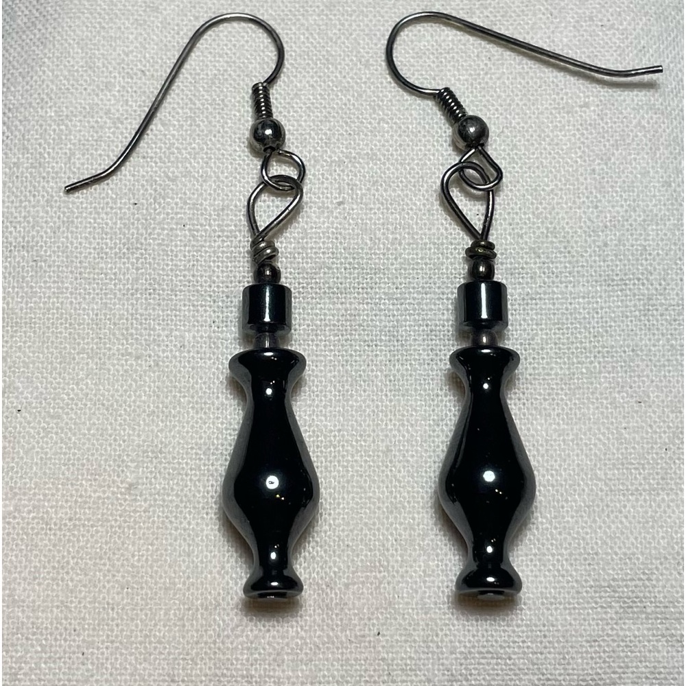 Polished Hematite Earrings Vintage Handmade Silver Retro Gemstone Gunmetal